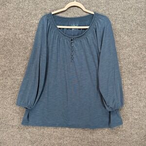 L.L Bean Shirt Womens 1X Blue Henley Blouse Plus Size Soft Knit Boho Flowy